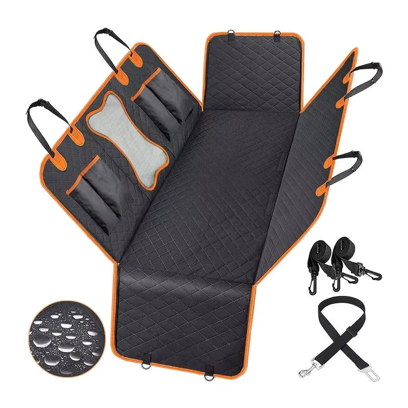 WagPilot quilted dog car hammock with door flaps, pockets and dog seat belt