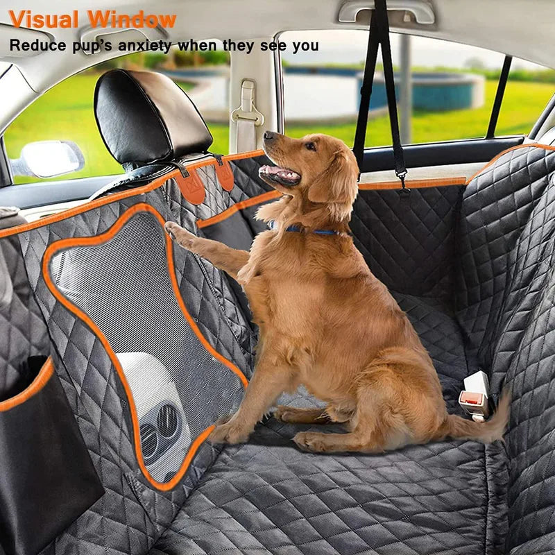 Golden retriever sitting on the WagPilot waterproof dog car seat cover with mesh window