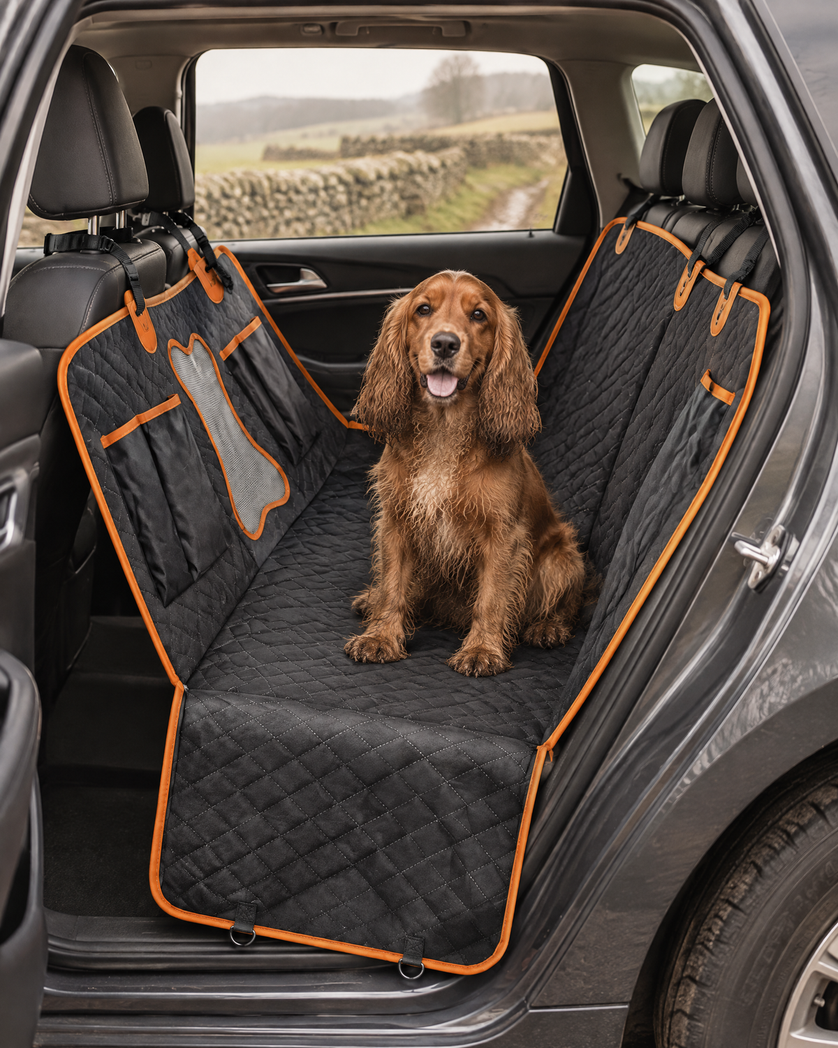 Cocker spaniel sitting on the WagPilot quilted dog hammock in the back of an estate car (illustrative image)