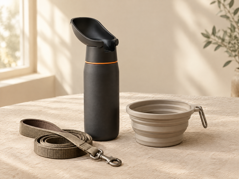 Concept image of the WagPilot travel bottle and collapsible bowl