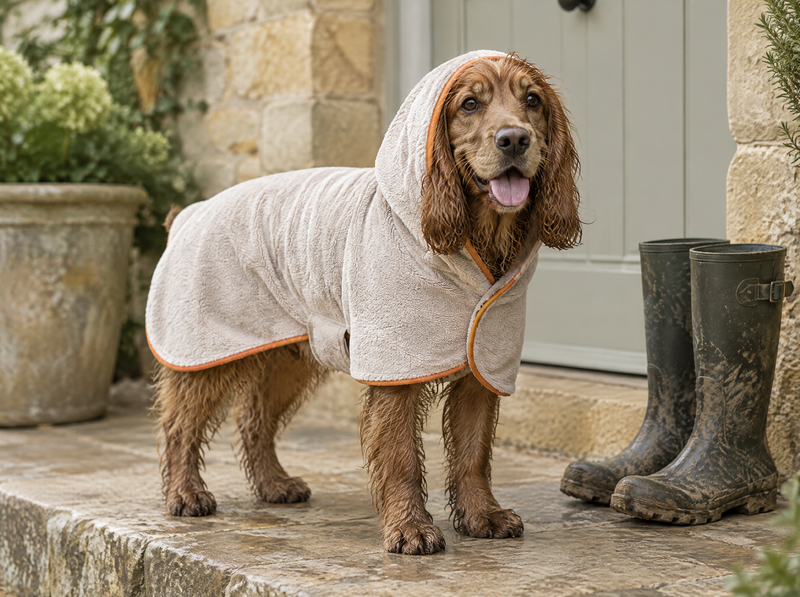Concept image of a spaniel wearing the WagPilot drying coat